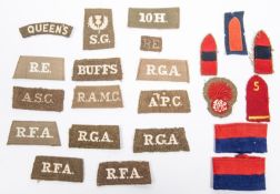 WWI British slip on titles and other signs, inc Buffs, Queen's, Scots Guards, Corps etc. (22) £80-