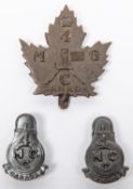 WWI CEF 4th Machine Gun Company bronze cap badge, with slider, and a pair of bronze collar badges