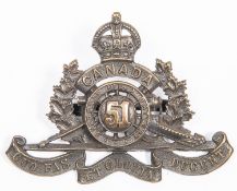 WWI Canadian CEF 51st Overseas Field Battery Field Artillery cap badge, with two tangs. GC £100-150
