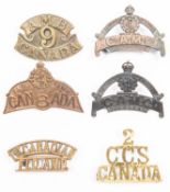 6 WWI CEF metal shoulder titles: 1st Canadian Field Ambulance; 8th Canadian Field Ambulance; 9th