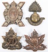 4 WWI CEF Infantry badges: 96th with tangs by Dingwall; 97th by Lees/Ellis Bros; 99th, and 100th. GC