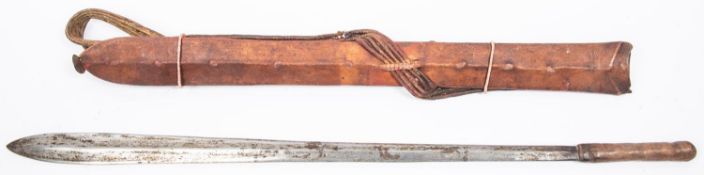 A Masai sword, seme, blade 23½", with plain rawhide covered hilt, in its rawhide covered scabbard