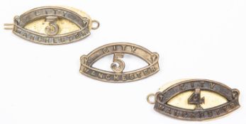 3 WWI brass (originally bronzed) shoulder titles of the 3rd, 4th, and 5th City Bns of the Manchester
