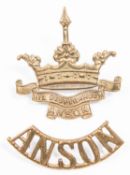 WWI Royal Naval Division Anson Bn. cap badge by Gaunt, and a single brass "ANSON" shoulder title. GC