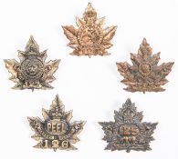 5 WWI CEF Infantry cap badges: 123rd; 124th by Ellis; 125th; 126th by Ellis; and 127th. GC to VGC £