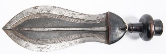 An African Kuba knife "Ikula", from Kasaye Province of Zaire, c 1900, broad ribbed blade 12", dark