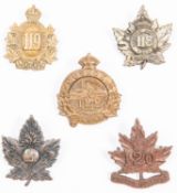 5 WWI CEF Infantry cap badges: 118th, crown above circular ribbon; 119th, 120th by Lees; 121st;