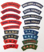 18 British WWII cloth shoulder titles, including: Engineers, Signals, Military Police, Service