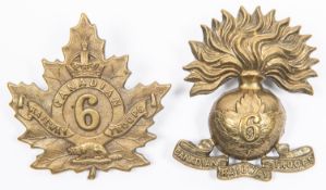 2 WWI CEF 6th Canadian Railway Troops cap badges: grenade pattern, and maple leaf pattern by