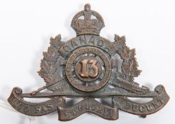WWI Canadian CEF 13th Brigade Ammunition Column Overseas Field Artillery cap badge, with two