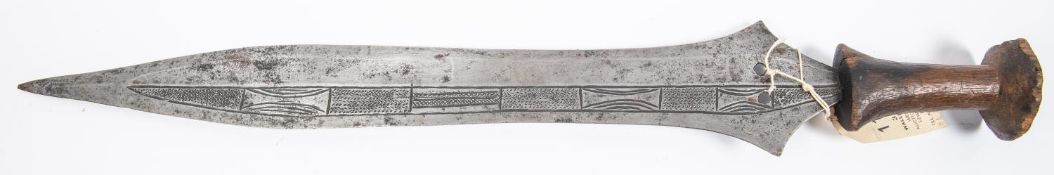 An African Lukele tribal knife "Piambo", from Central Zaire, c 1900, leaf shaped blade 18" with