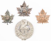 4 WWI CEF Infantry cap badges: 92nd full buckle type by Ellis Bros; 93rd by Inglis; 94th by Lees/