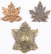 3 WWI CEF Infantry cap badges: 83rd by Ellis Bros; 85th; and 86th by Lees, 1915. GC £70-90