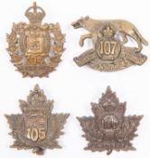 4 WWI CEF Infantry cap badges: 104th; 105th with slider; 106th; and 107th. GC £80-120