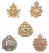 5 WWI CEF cap badges: 138th by Tiptaft; 139th; 140th; 141st; and 142nd. GC £110-150