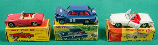 3 Dinky Toys. Hillman Imp Rally Car (214) in dark blue with red interior, RN35. Austin Healey Sprite