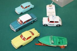5 Dinky Toys. Austin Mini Cooper 'S' POLICE in white. Ford Anglia in turquoise. Alfa Romeo Coupe