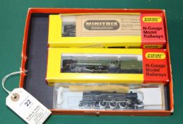 3 N gauge. 2x Hornby Minitrix. A BR Britannia Class locomotive, 'Britannia', RN 700000. A BR Class