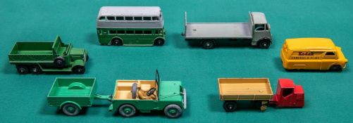 6 Dinky Toys. Guy flatbed with tailboard. In light grey with black chassis and wheels. Land Rover in