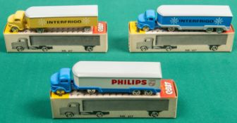 3 Scarce Lego No.657 box trucks. All on Mercedes cabs, Blue and white with grey roof (Philips),
