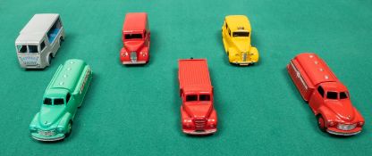 6 Dinky Toys 2x Studebaker petrol tankers, Castrol in green and ESSO in red. Trojan van, in red