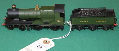 A OO gauge 2-rail electric brass kit built GWR 4-4-0 Bulldog Class tender locomotive, RN 1120. In