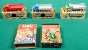 3 Scarce Lego HO scale No.653 trucks, dating from the 1960s. All on Mercedes cabs, Blue & grey,