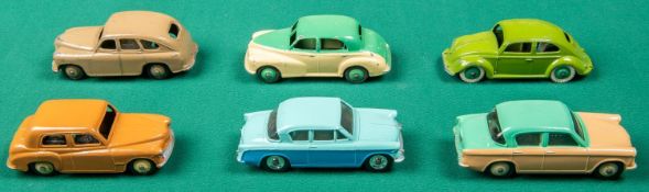 6 Dinky Toys. Sunbeam Rapier in turquoise and blue, with spun wheels. Hillman Minx in green and