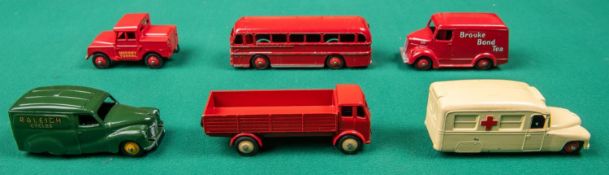 6 Dinky Toys. Leyland Forward Control Lorry in red. Austin A40 van, Raleigh Cycles. Land Rover,