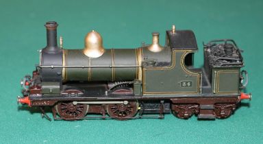 A fine quality brass OO gauge 2-rail electric GWR Dean 0-4-4 tank locomotive, RN 34. In lined