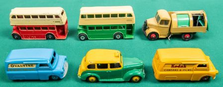 6 Dinky Toys. 2x Bedford CA Vans, KODAK in yellow and OVALTINE in blue. Bedford Refuse lorry in