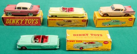 4 Dinky Toys. Studebaker Golden Hawk (169). In tan and red with red wheels. Hudson Hornet Sedan (