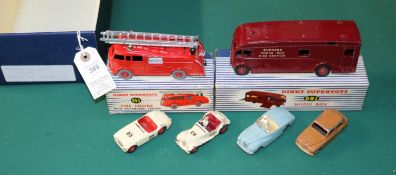 6 Dinky Toys. 2 boxed examples - a Supertoys 'HORSE BOX' (981) in maroon with red wheels, (British