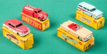 4 Dinky Toys American Vehicles. A Packard Convertible (132) in tan with red interior, a late example