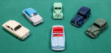 6 Dinky Toys. Austin Devon in suede green with cream wheels. Riley 1800 in light green with dark