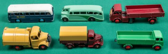 6 Dinky Toys. Half-Cab Bus in two tone green with black wheels. Leyland Forward Control lorry in