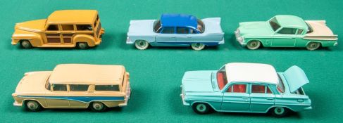 5 Dinky Toys. Studebaker Golden Hawk in light green and cream, with cream wheels. Plymouth Estate