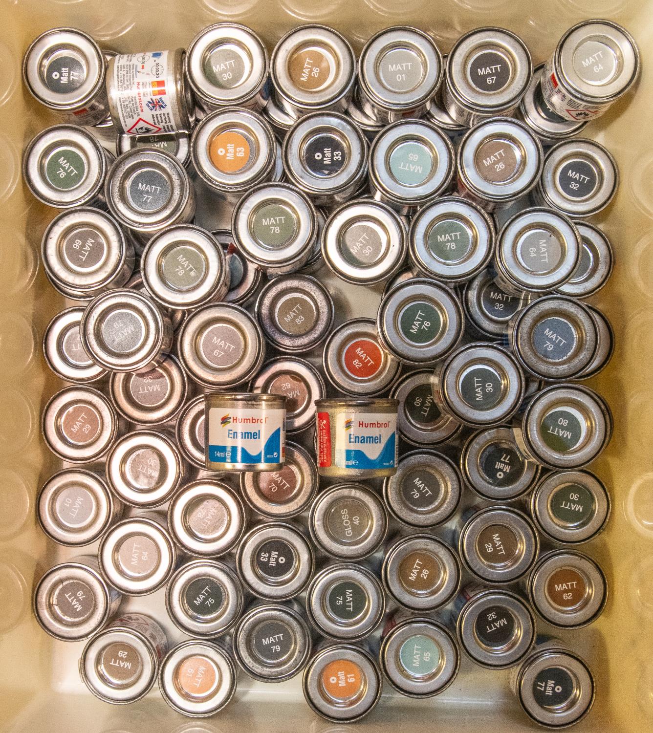 85 assorted matt Humbrol enamel paints, various colours, (some duplication). All brand new and