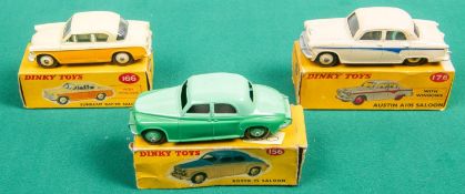 3 Dinky Toys. Rover 75 Saloon (156). In two tone green with green wheels. Austin A105 Saloon (176)