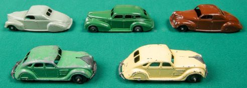 5 Dinky Toys. 2x Chrysler Airflow saloons, One in cream and the other in dark green, both with