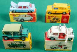 4 Dinky Toys. Morris 1100 (140), in light blue with red interior. AA Mini Van (274) in yellow with