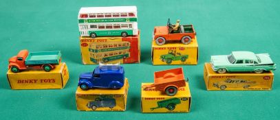 6 Dinky Toys. Dodge Royal sedan (191). In light green with black fins. Land Rover (340) in orange