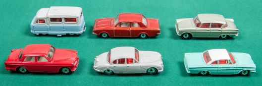 6 Dinky Toys. Ford Corsair in metallic red with cream interior. Ford Capri in turquoise with white