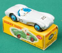 Dinky Toys Aston Martin DB3 Sports (110). In light grey with blue interior and wheels, with