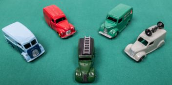 5 Dinky Toys. Morris J van, in two tone blue Capstan livery. Trojan van, green Chivers Jellies