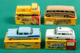 4 Dinky Toys. Vauxhall Victor Ambulance (278). In white with blue light to roof. Ford Thames Atlas