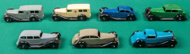 7 early post WW2 Dinky Toys. Bentley Coupe in light blue, Daimler in dark green, Rolls Royce in