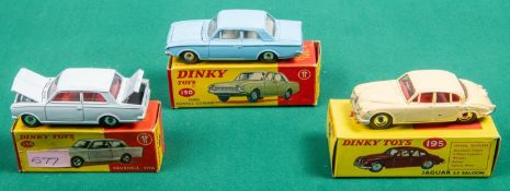 3 Dinky Toys. Ford Consul Corsair (130) in light blue with cream interior. Vauxhall Viva (136) in