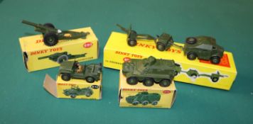 4 Dinky military vehicles, No.679. 25-pounder field gun set, No.674 Austin Champ, No.676 Armoured