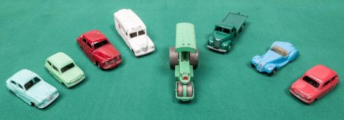 8 Dinky Toys. Fordson flatbed lorry in dark green with green wheels. 2x Fiat 600 in light green